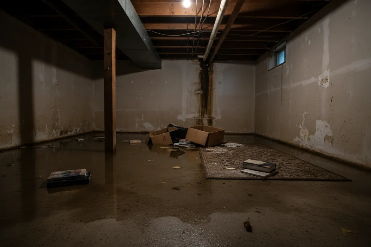 Before: Interior basement with visible water damage—wet floor, scattered belongings, and damp walls; documentary photorealistic shot showing the impact of flooding on a Montérégie home.