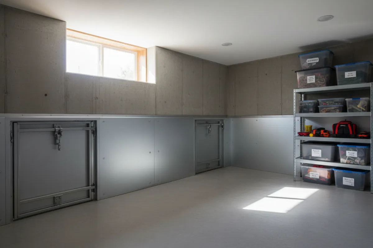 After: The same basement space dry and secure after AquaShield installation; neat storage, sealed doorways, and visible installed barrier hardware—bright daylight, photorealistic, calm mood.