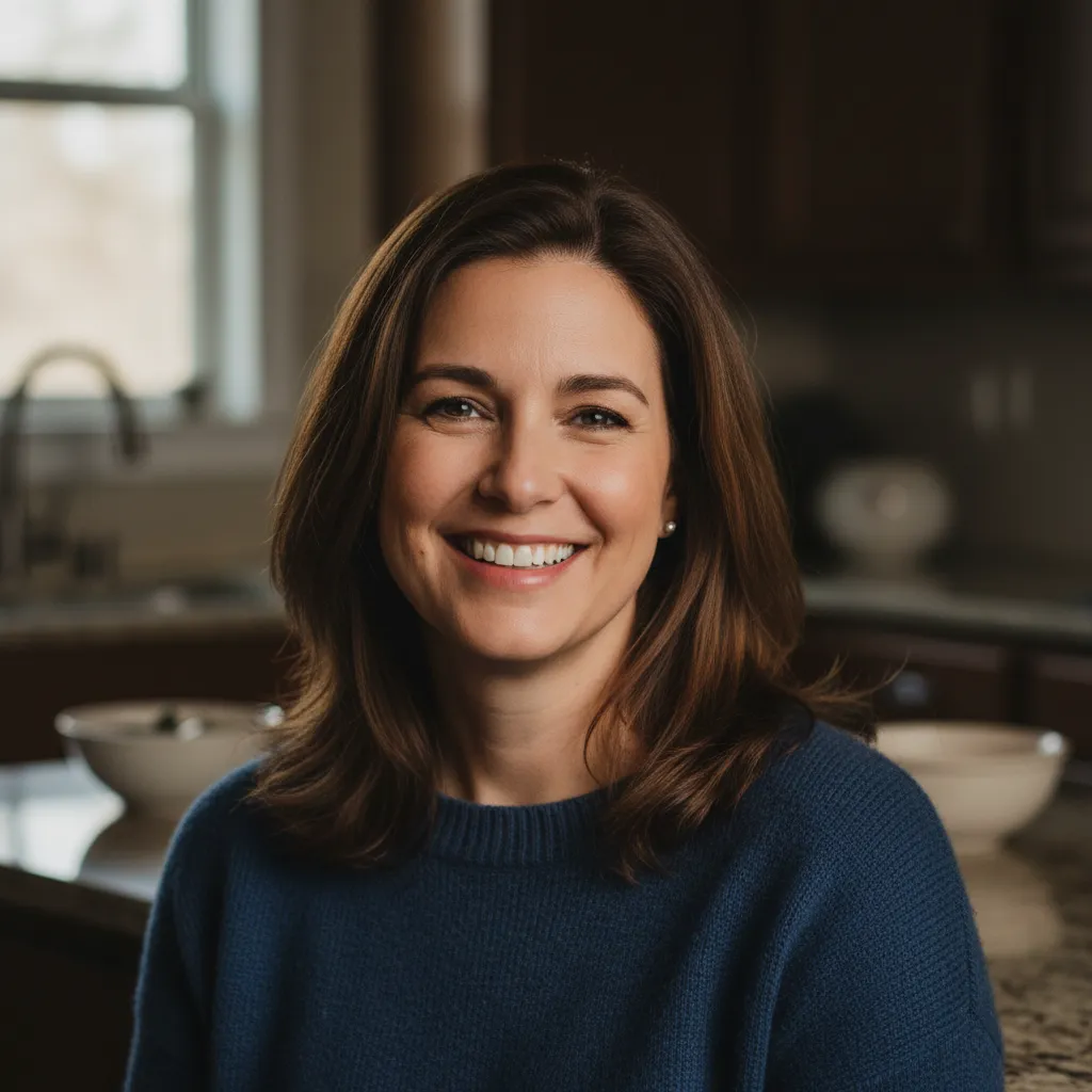 Portrait of Sophie, early 40s, smiling in a sunlit kitchen, head-and-shoulders, natural warm light, photorealistic, neutral background