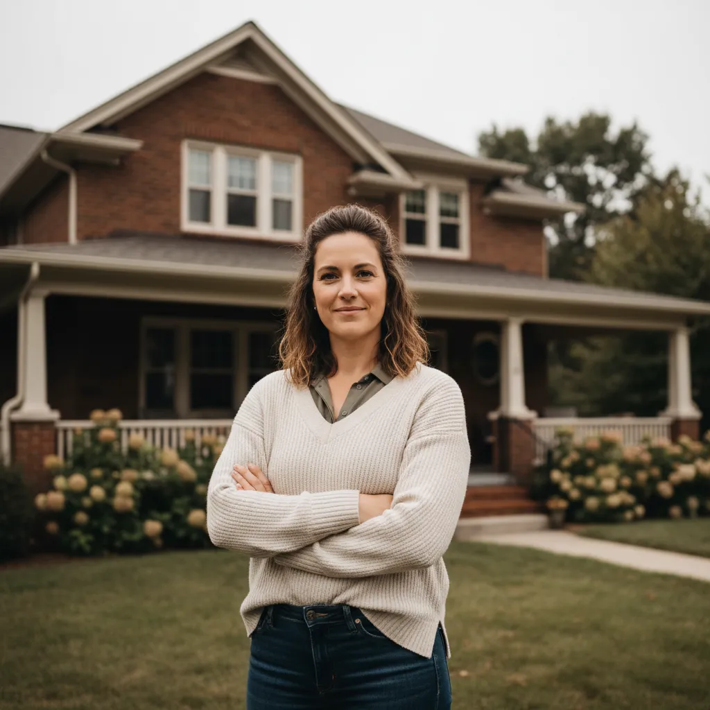 Portrait of Lucie, early 30s, standing in front of her house, soft overcast lighting, warm and trust-building expression; square 1:1 avatar format.