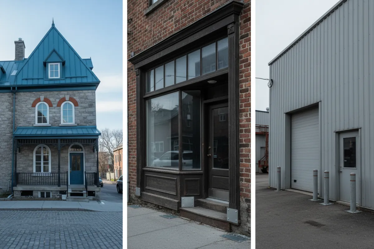 Composite of residential, commercial, and industrial Quebec properties showing exteriors and entry points for modular barriers