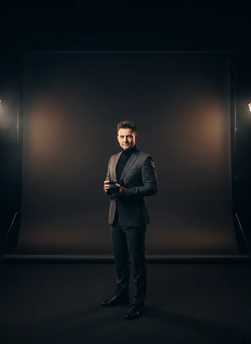 Moody studio portrait of a professional photographer