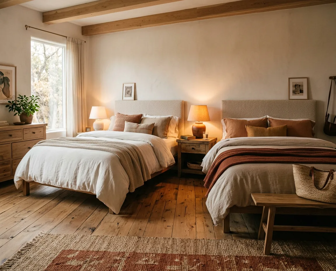 A warm, spacious shared retreat bedroom with plush double duvets and warm lighting