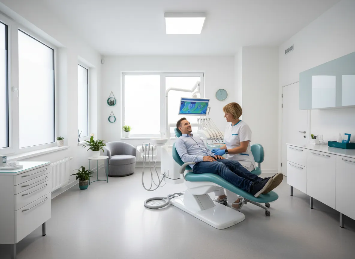 Dentista atendiendo a paciente sonriente en clínica moderna