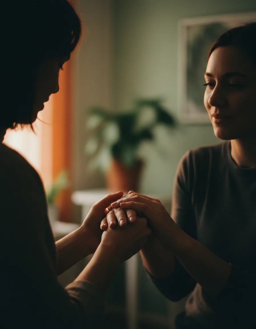 Desaturated high-grain photography of trauma-informed care and relational support