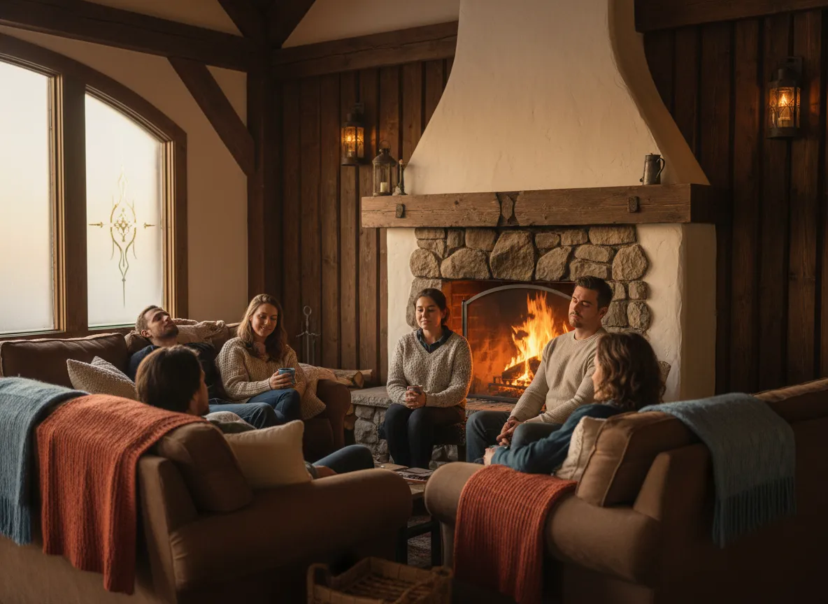 A group gathered by a warm fireplace experiencing emotional healing and rest