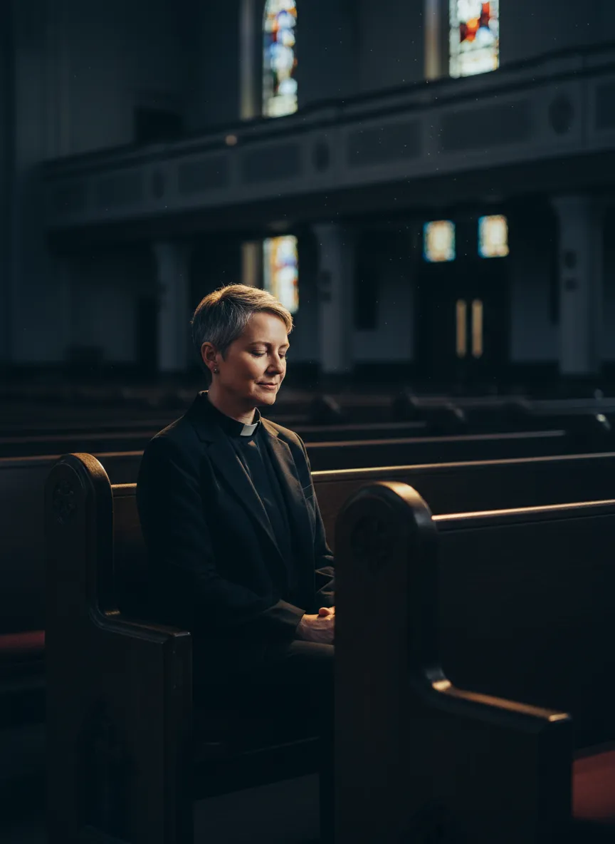 A pastor sitting in a quiet moment of reflection inside a sanctuary, warm natural light.