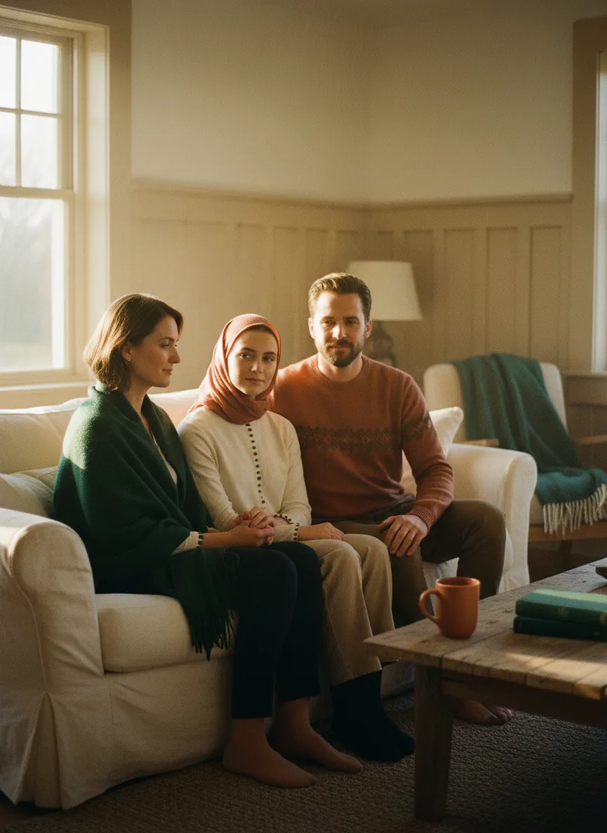 A small, intimate group gathering reflecting a relational, trauma-equipped church community