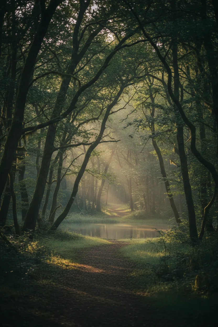 A quiet, empty path winding through a serene forest
