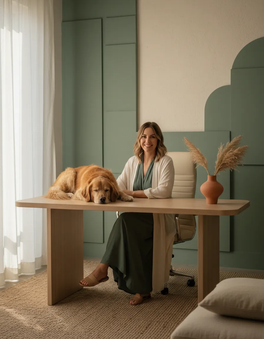 Terapeuta trabajando tranquilamente con un animal en consulta, reflejando prosperidad y paz