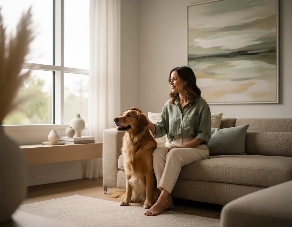 Mujer observando con calma a su perro