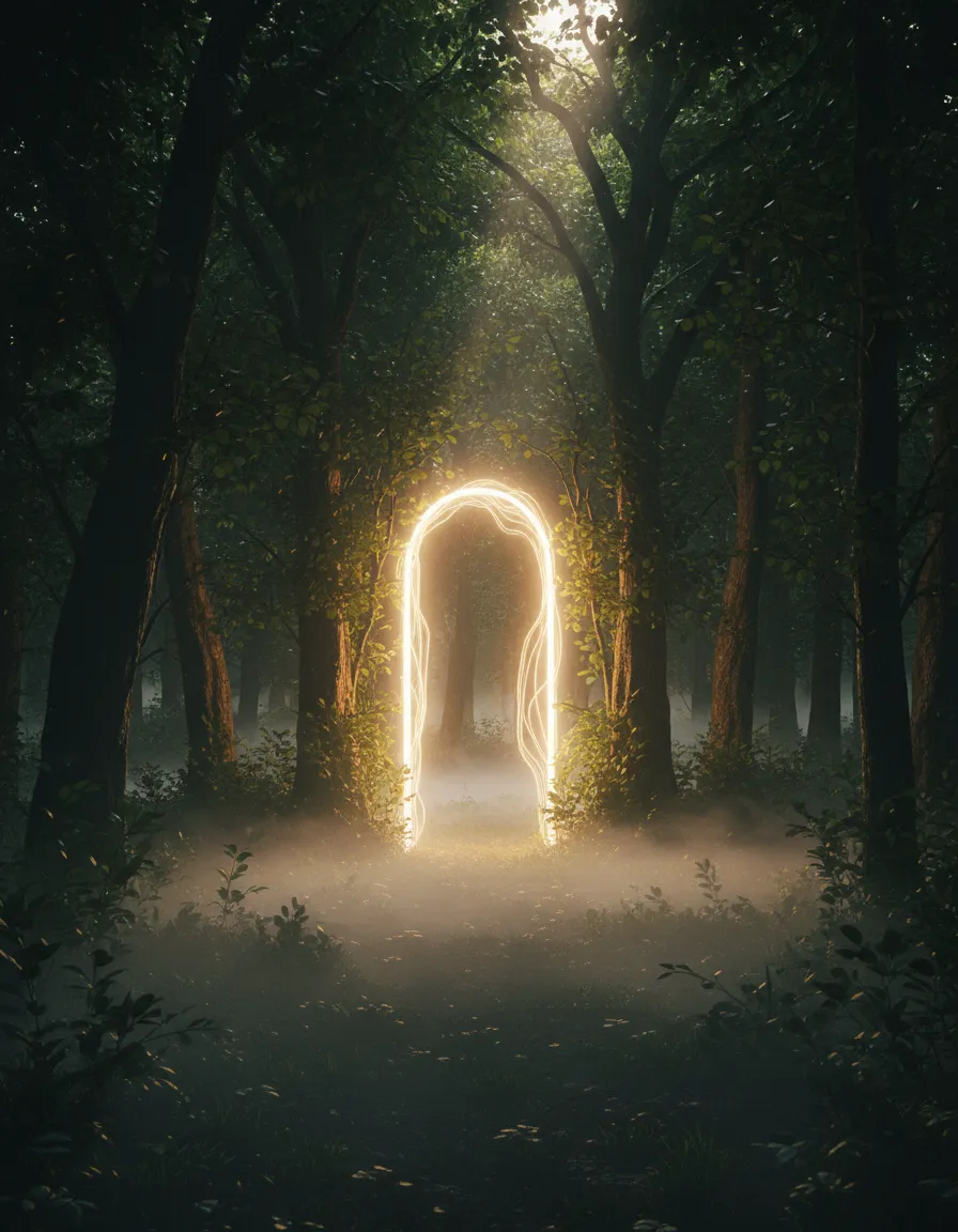 Portal luminoso en un bosque profundo