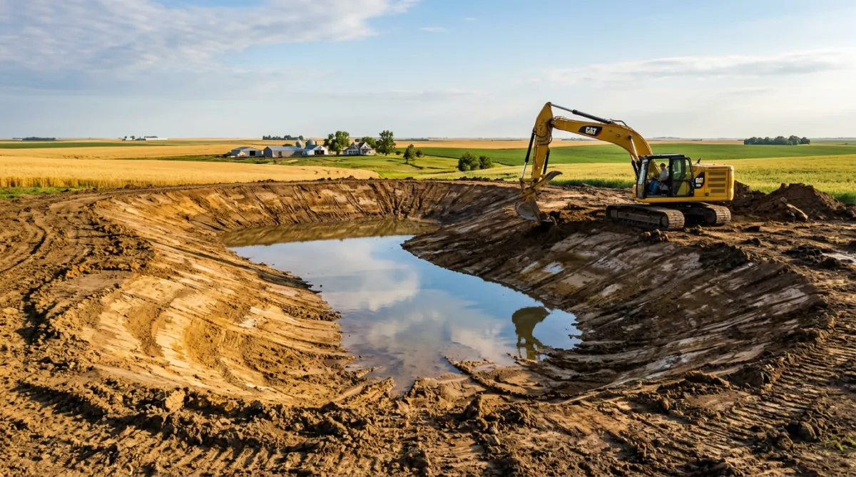 Excavator and dozer constructing farm pond with clay core compaction in Kansas soil