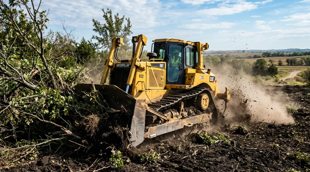 Heavy machinery bulldozer performing land clearing and brush management on rural property