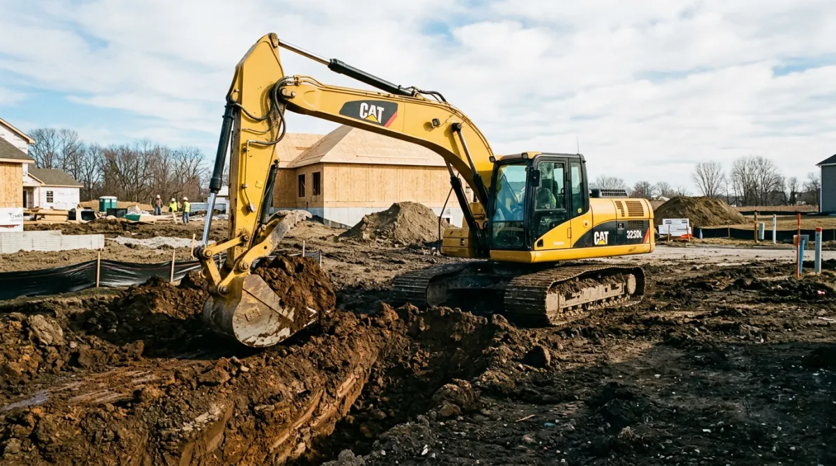 Track excavator digging foundation footings and site utility trenches on building lot