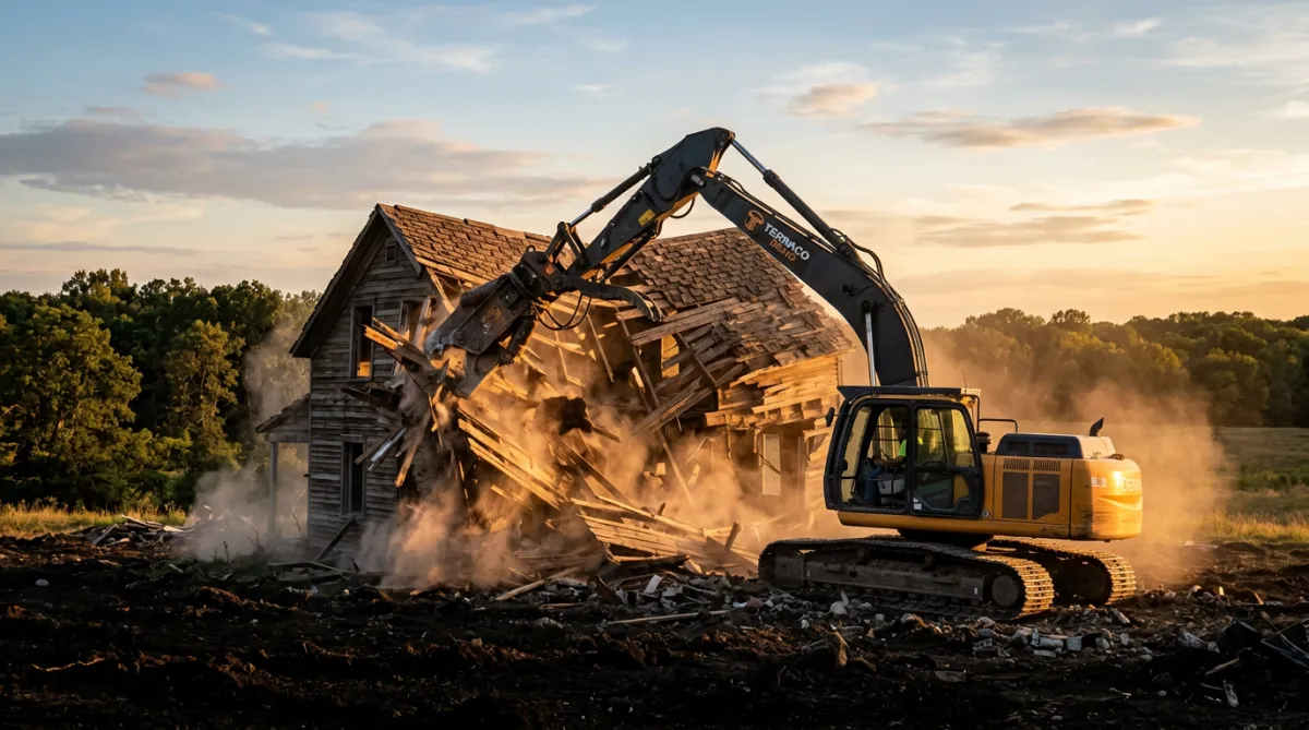 Commercial demolition crew tearing down old barn structure with track excavator