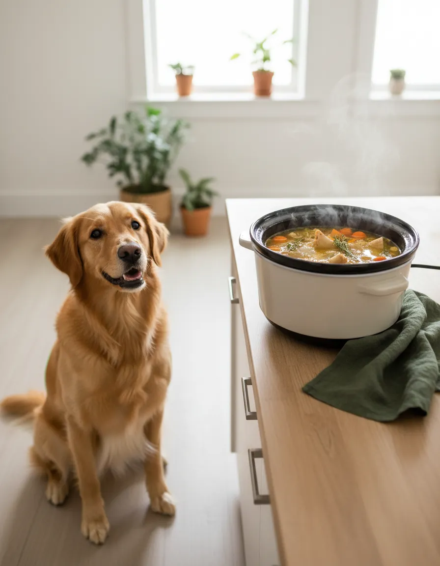 A happy dog waiting near a slow cooker with fresh bone broth