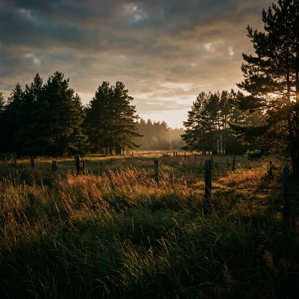 Film-grained view of an overgrown, untouched land parcel with wild grass and pine trees