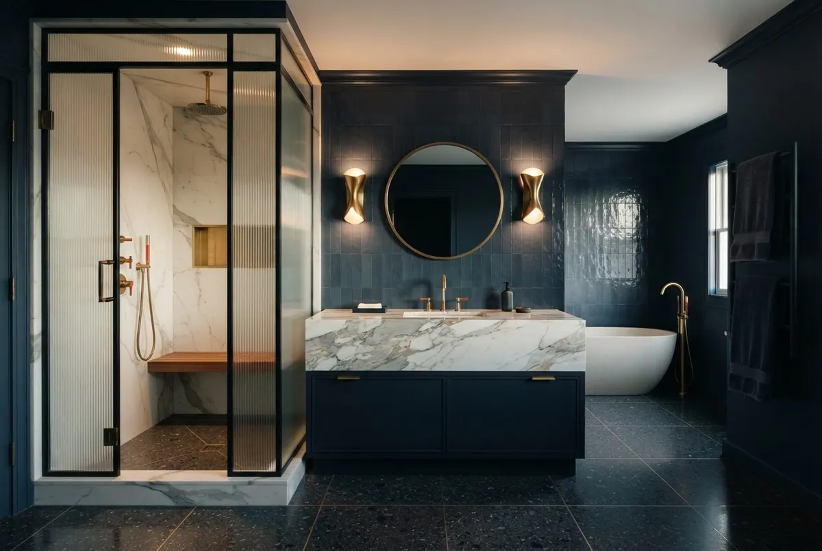Luxury master bathroom remodel with custom walk-in shower and stone vanity