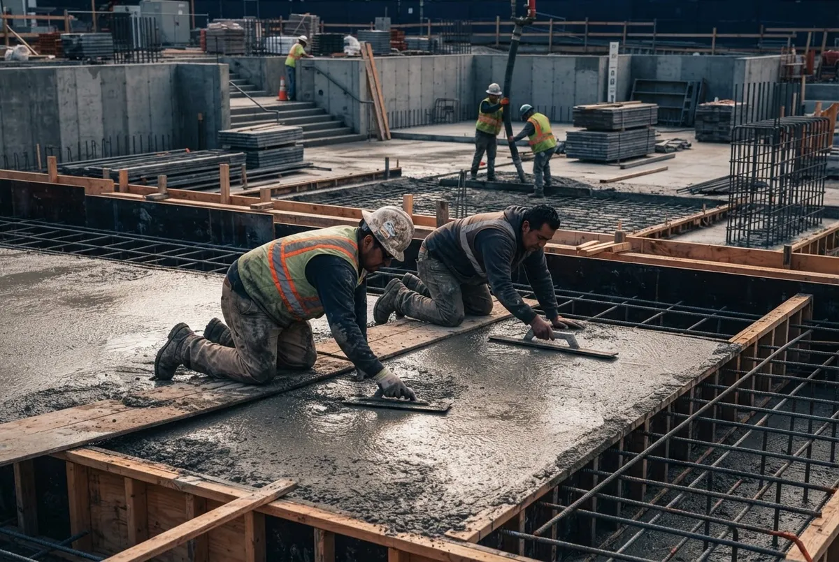 Reinforced structural concrete pour and custom finished masonry flatwork