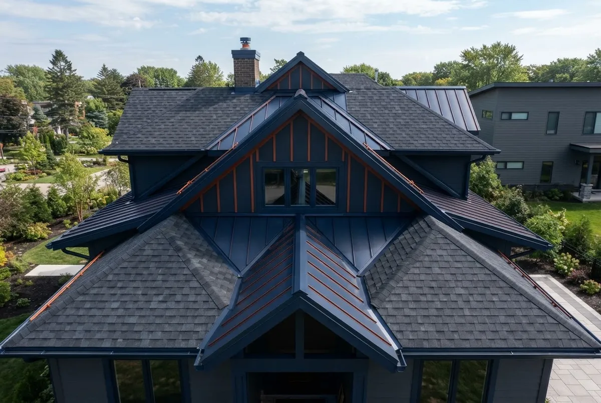 Brand new architectural asphalt shingle and standing seam metal roof installation
