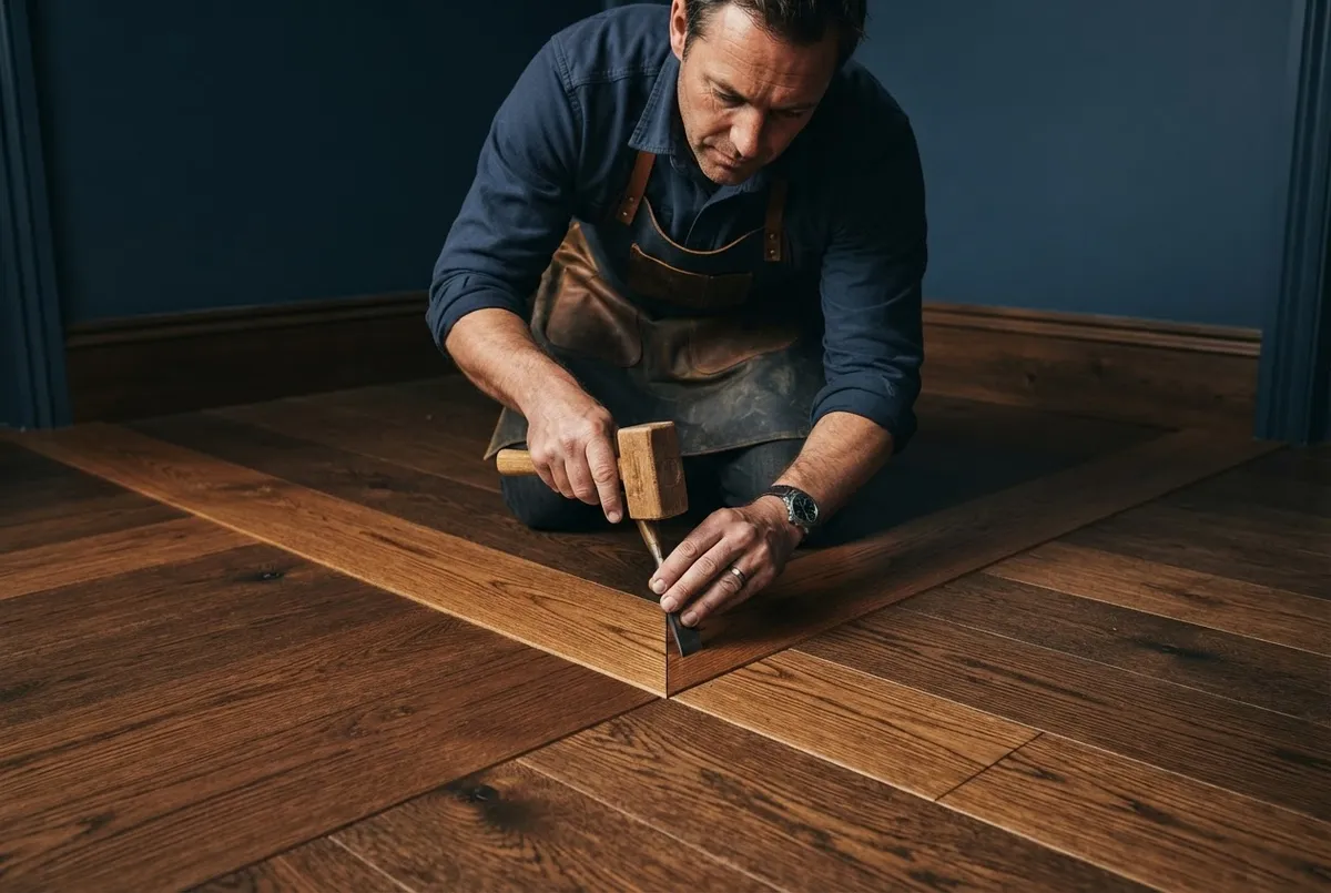 Custom solid oak hardwood flooring installation with precision mitering