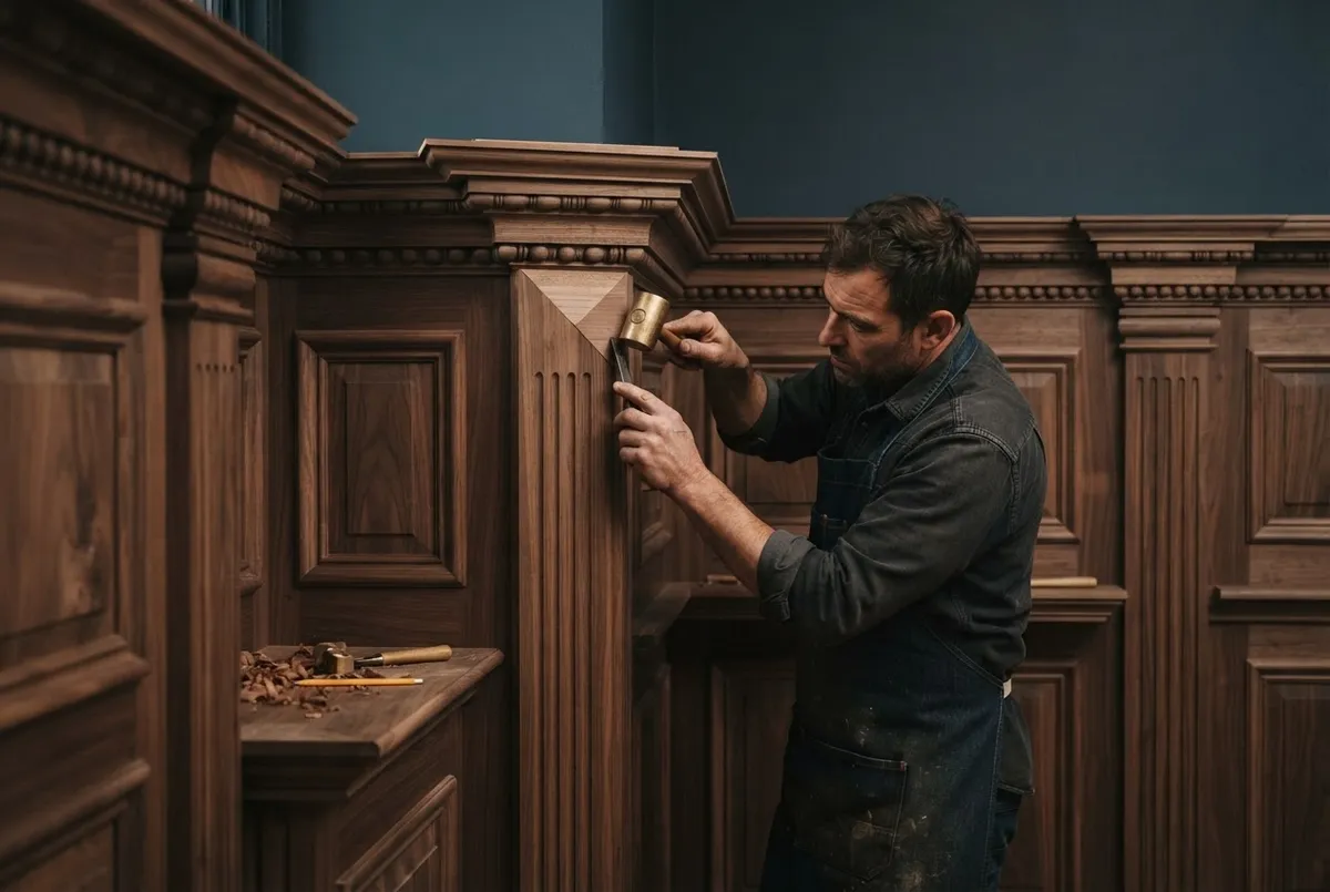 Bespoke architectural wood paneling and decorative wall moulding detail