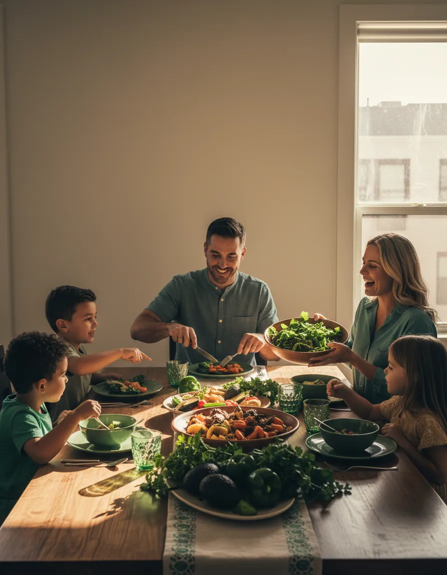 Modern family enjoying a collective healthy meal
