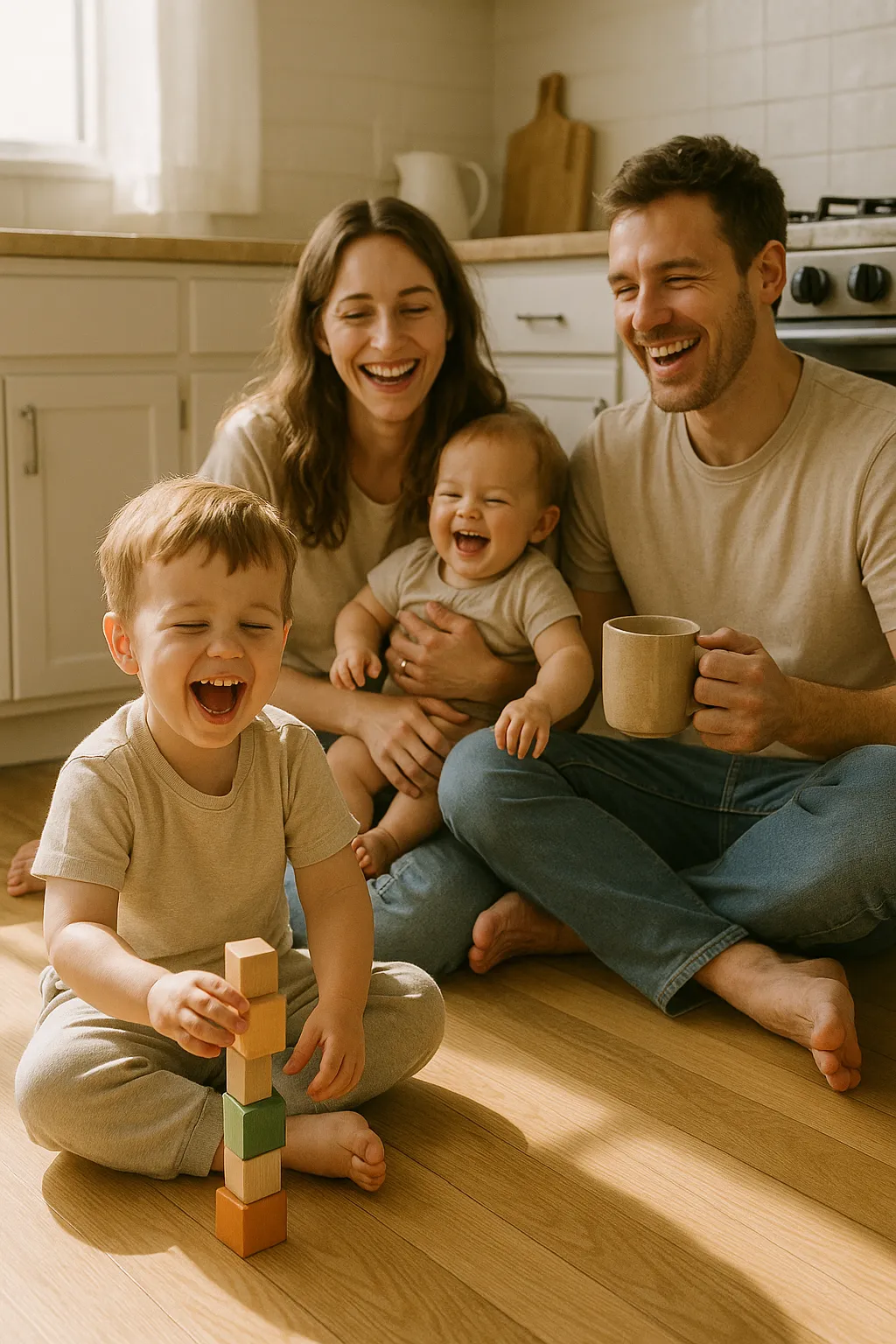 Warm, candid family laughing on a sunlit kitchen floor