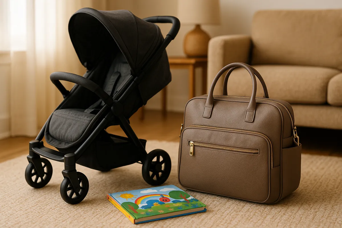 Parenting essentials: stroller, diaper bag, and storybook on a living room rug