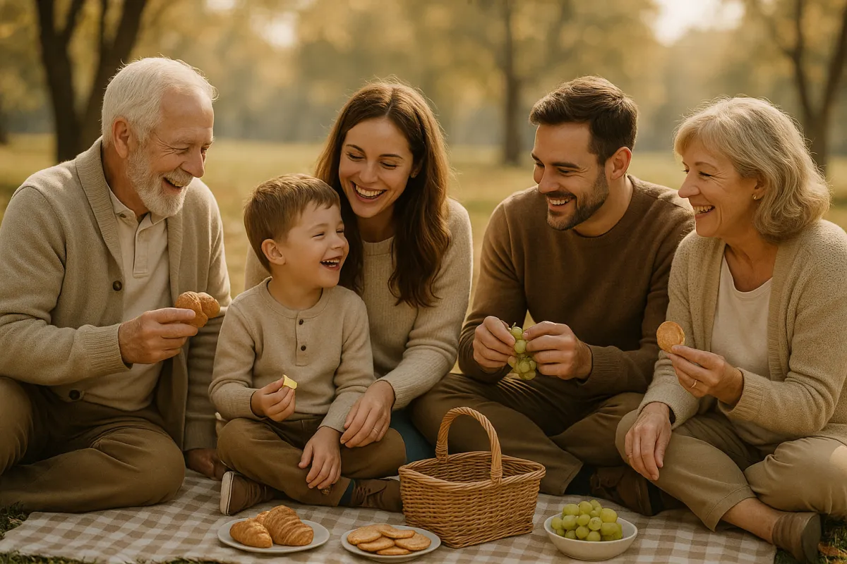 Three-generation family picnic on a checkered blanket in a sunlit park