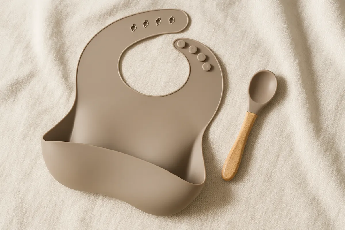 Child-safe silicone bib and wooden spoon on a neutral linen backdrop.