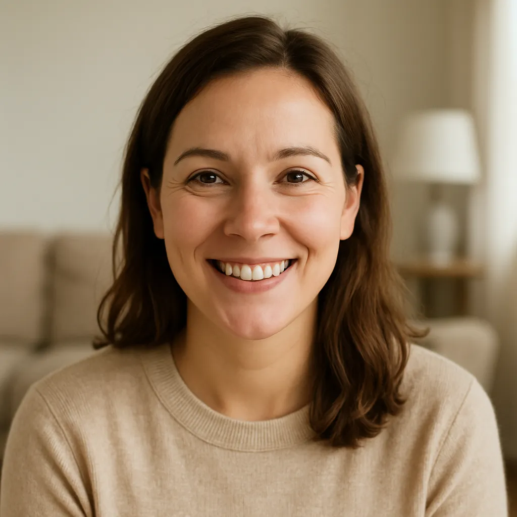 Headshot of a cheerful mother with a warm smile in a softly lit living room.