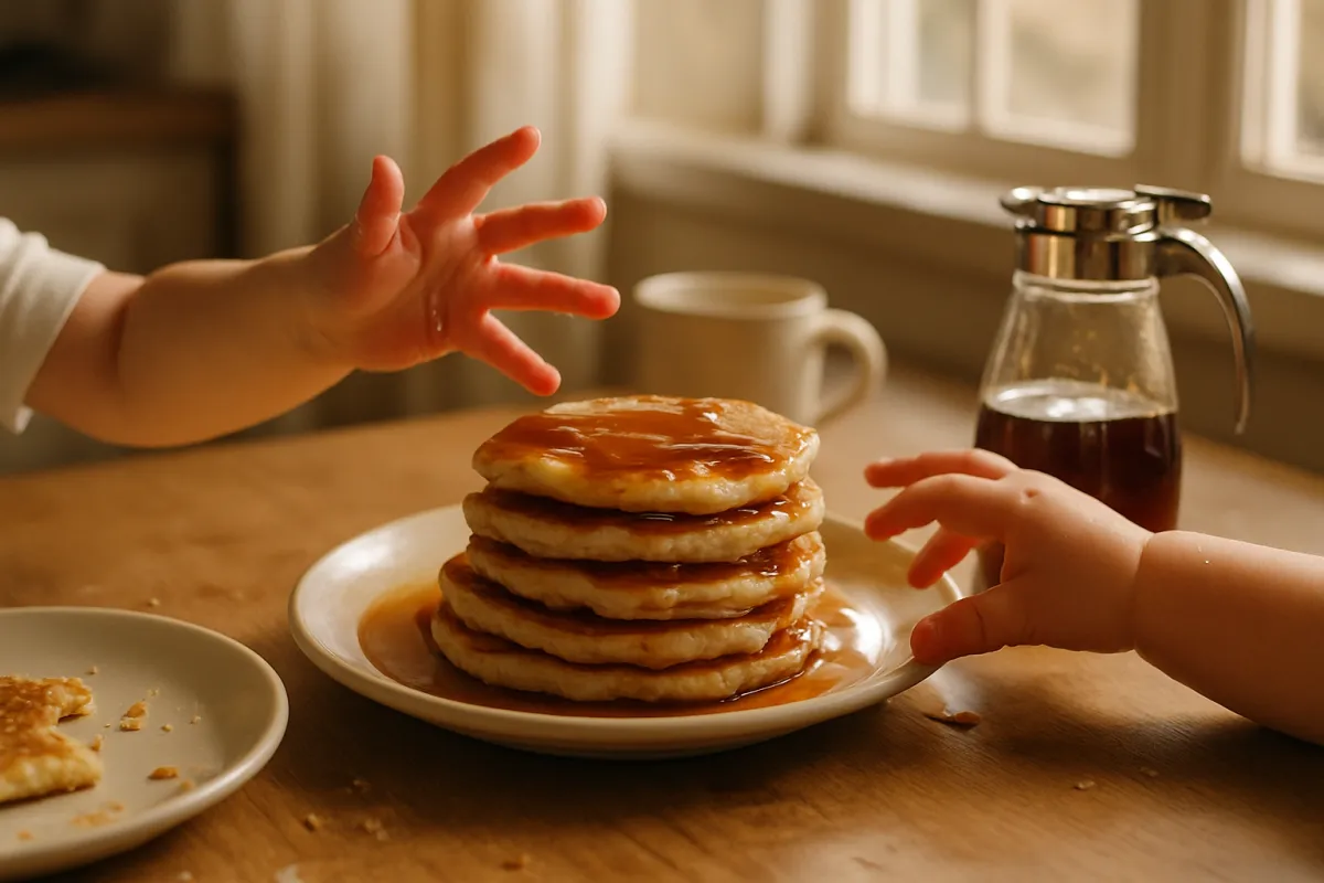 Playful breakfast scene with pancakes and tiny hands reaching for syrup