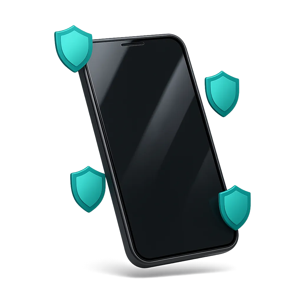 KidLatch Android phone frame mockup with floating teal shield security indicators demonstrating toddler app lock screen