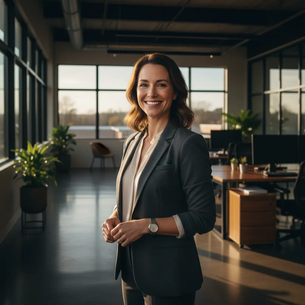 Property manager in an office environment offering a testimonial