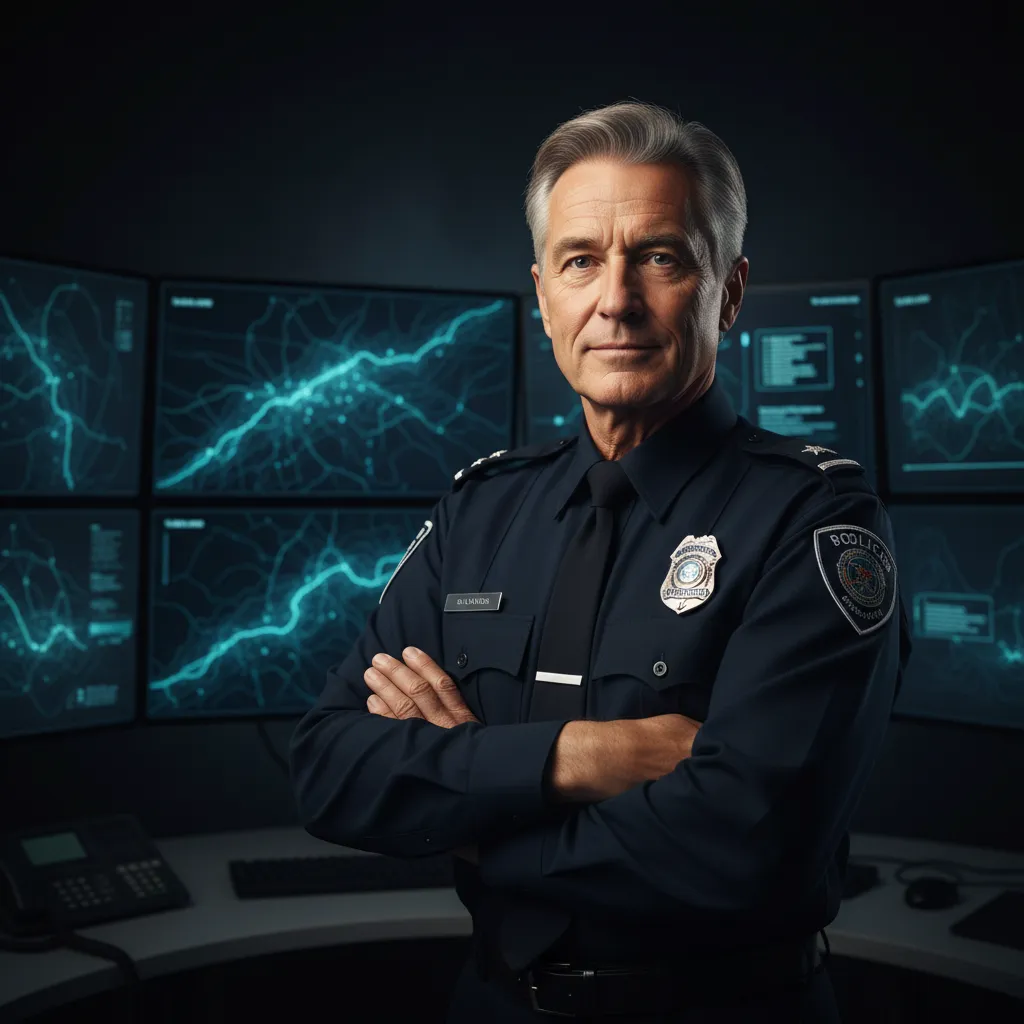 Senior security supervisor standing confidently at a monitoring station.