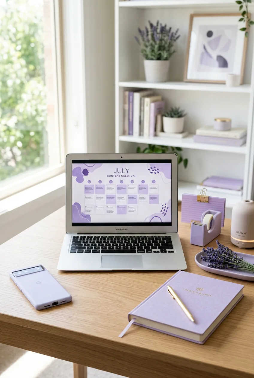 Bright creative workspace showcasing designer moodboards, contemporary tech, and delicate lavender stationery accessories