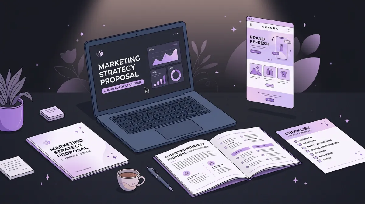 Editorial proposal layout with customized marketing plan and strategy documentation