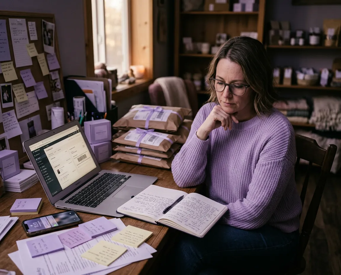 Overwhelmed boutique business founder reviewing marketing tasks late at night