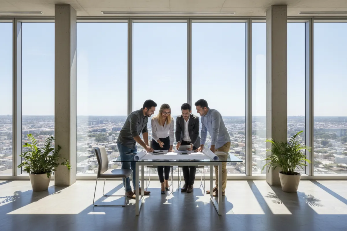 A bright, modern real estate office with large windows, a glass desk, and a cityscape view. A diverse team collaborates over blueprints, with sunlight streaming in. The setting is professional, energetic, and welcoming, evoking anticipation for a new digital experience.
