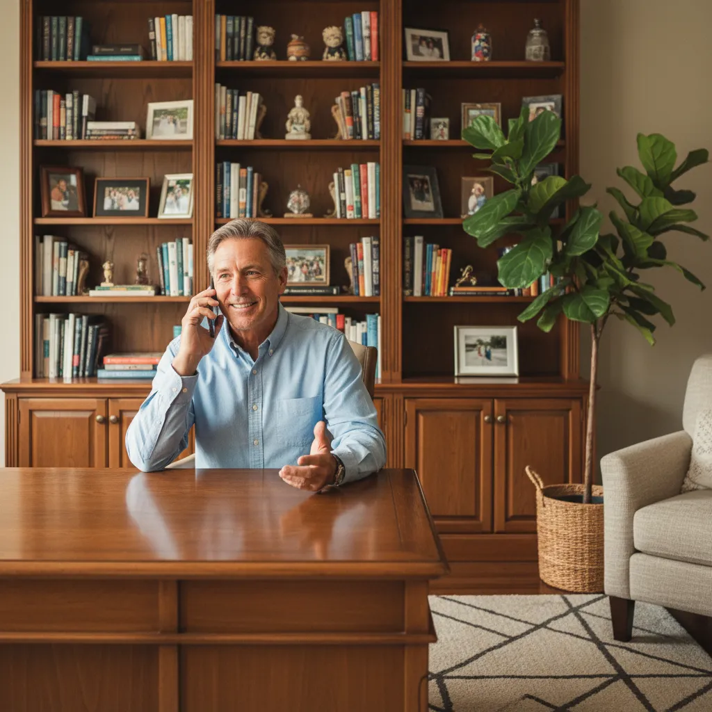 Harry Moore, a middle-aged realtor with salt-and-pepper hair, smiles as he speaks on the phone in a cozy home office. The background features bookshelves and a potted plant, creating a warm, approachable atmosphere.