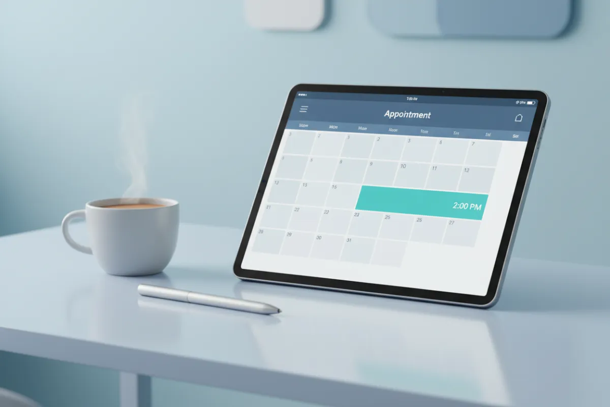 A digital calendar interface displayed on a tablet, with a highlighted appointment slot. The device rests on a clean, blue-toned desk with a coffee cup and pen nearby. The scene is modern, organized, and inviting, suggesting easy online scheduling.