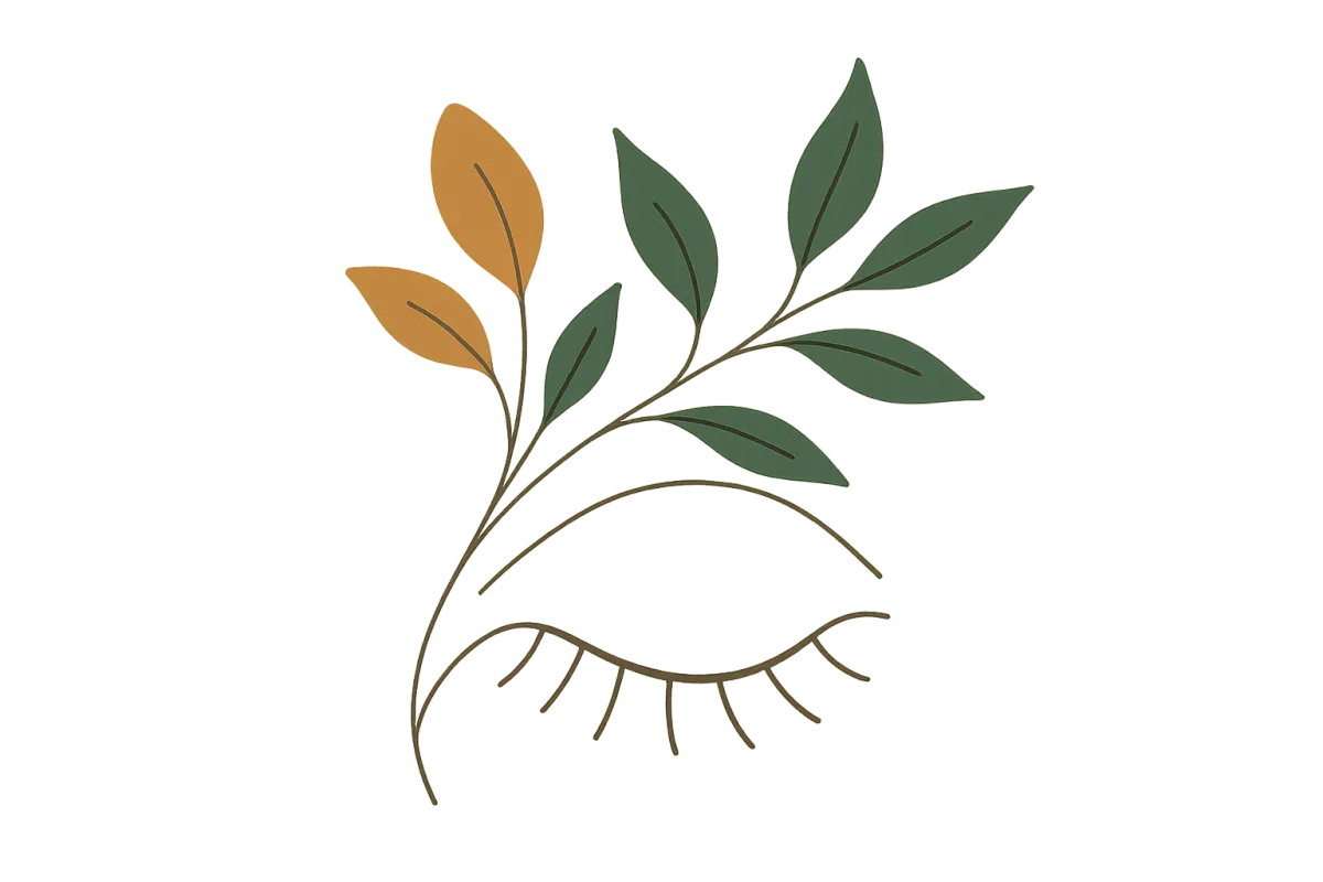 Minimalist line-drawing illustration of soothing eye anatomy and botanical elements representing relief
