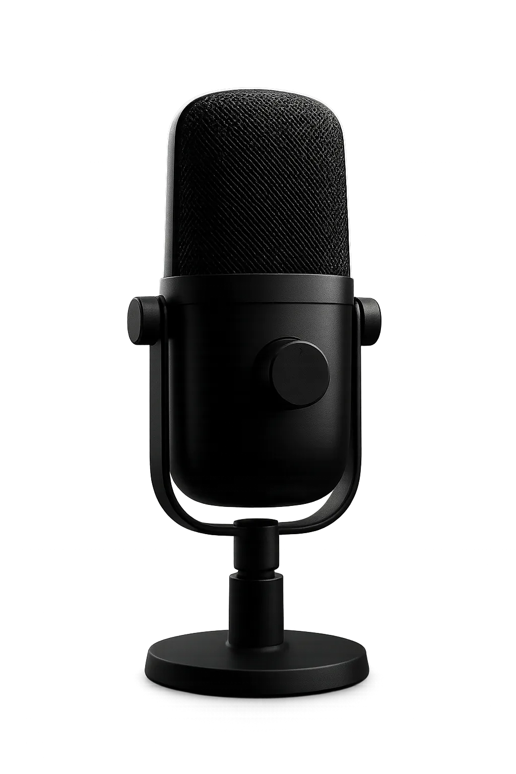 High-contrast studio broadcast microphone with subtle architectural blue accent glow