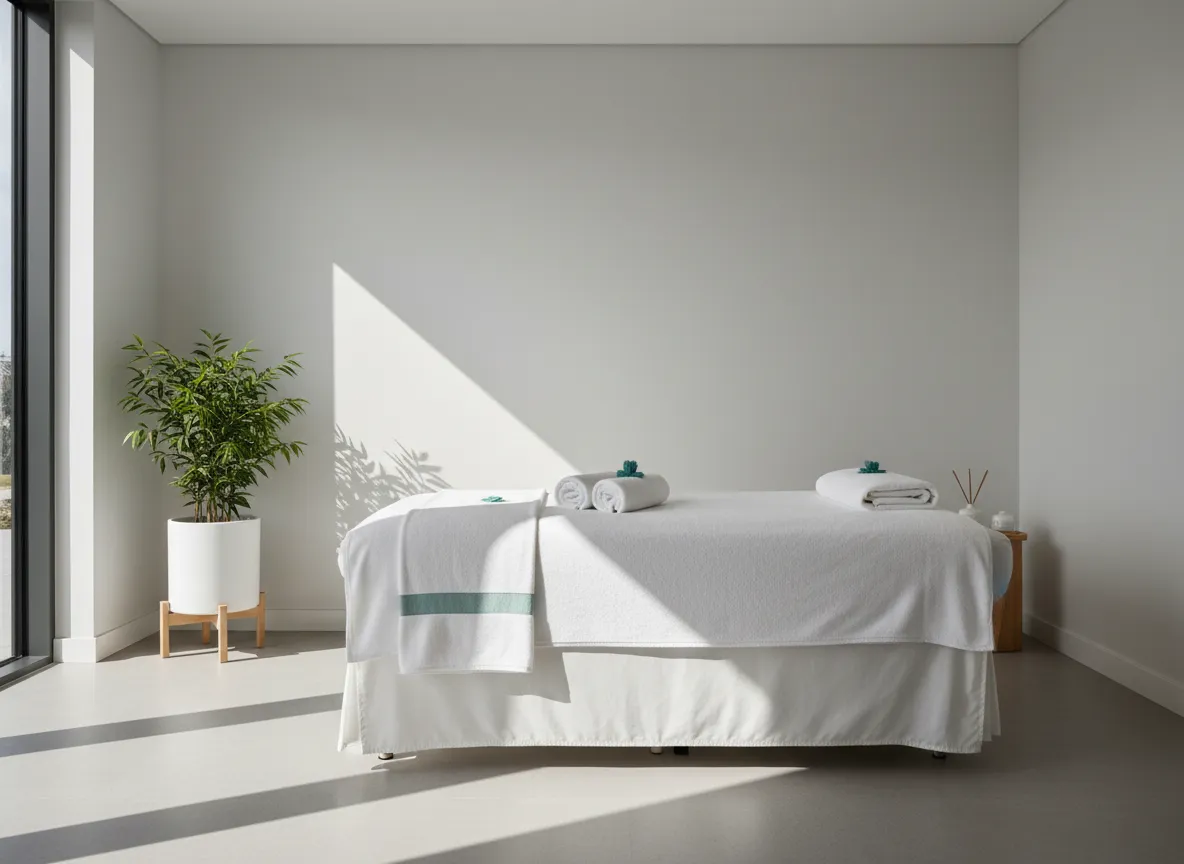 Cabina minimalista de spa con luz natural y toallas blancas