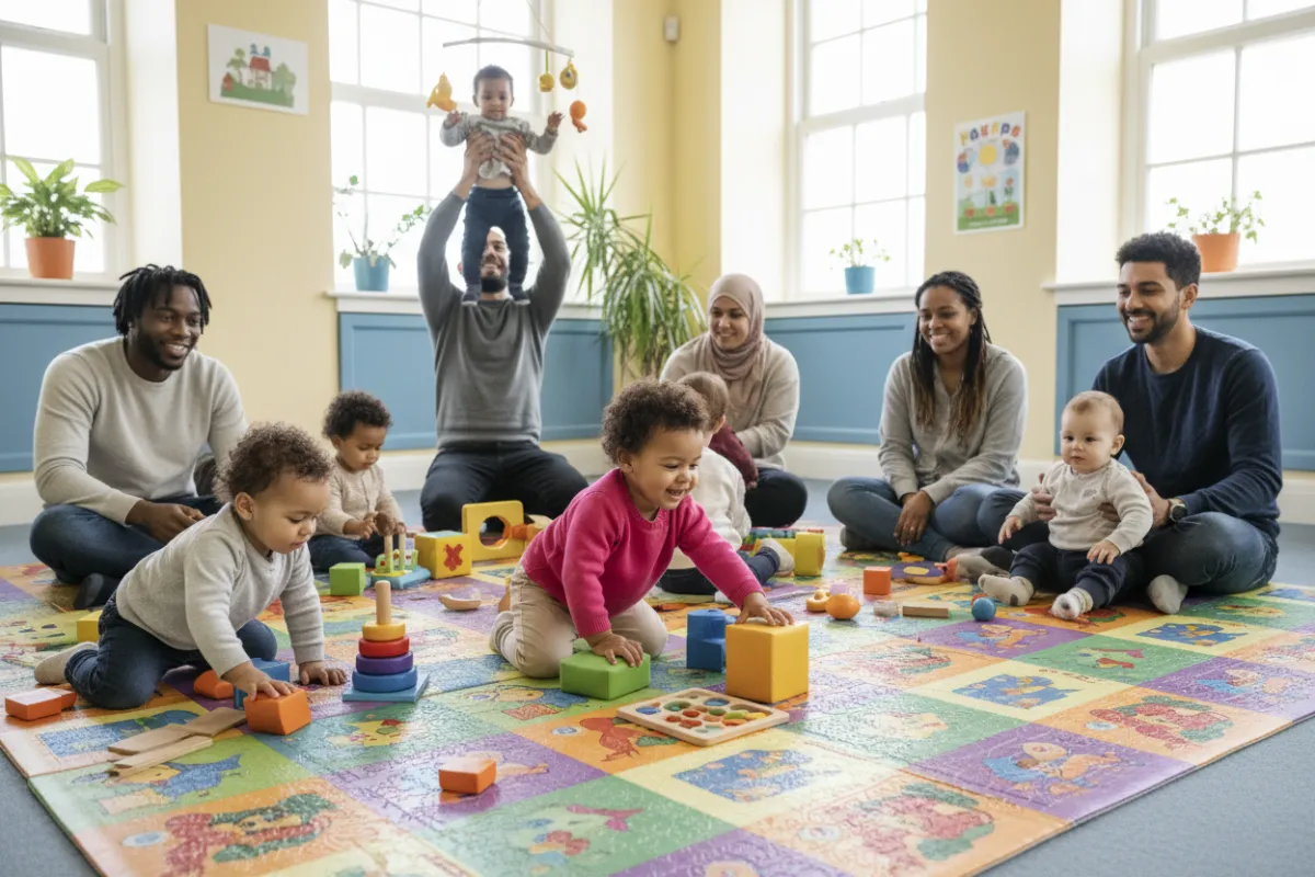A diverse group of parents and toddlers playing together on a colorful mat in a bright, cheerful community center. The children are exploring toys, while parents encourage and interact, creating a supportive, inclusive atmosphere.