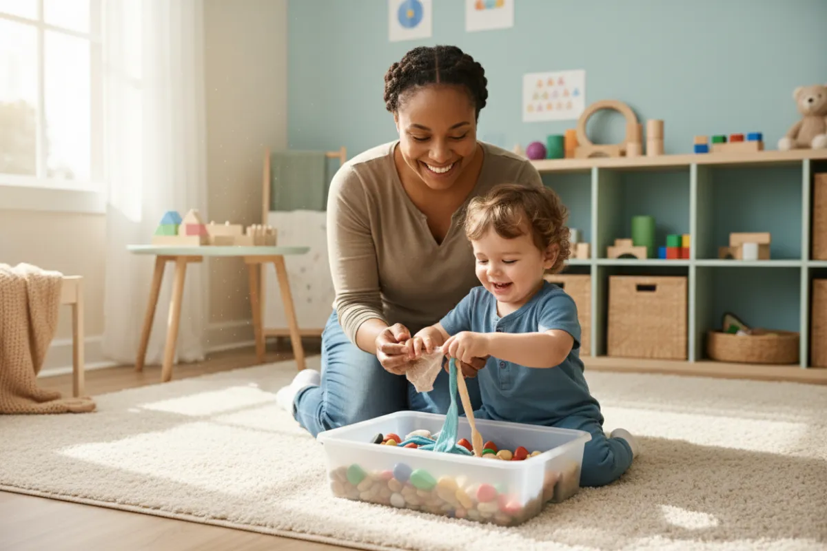 A smiling occupational therapist gently guiding a toddler through a sensory play activity in a sunlit, softly decorated therapy room. The therapist is attentive, the child is engaged, and the environment feels warm and welcoming.