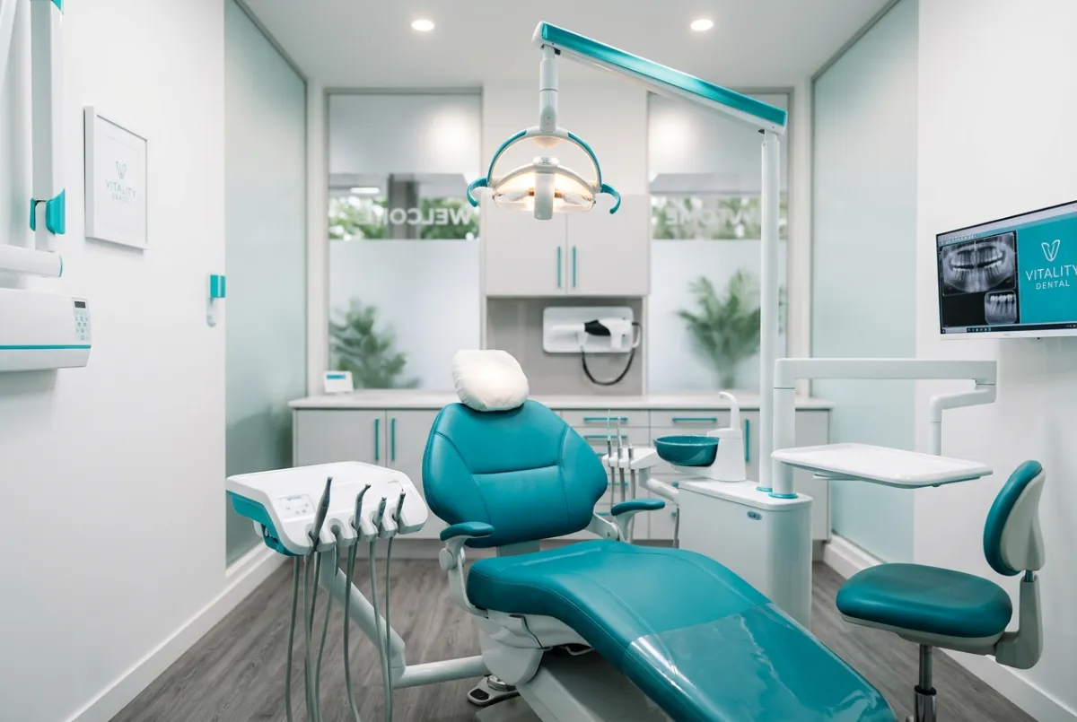 Modern private dental clinic room with patient booking terminal in Cardiff