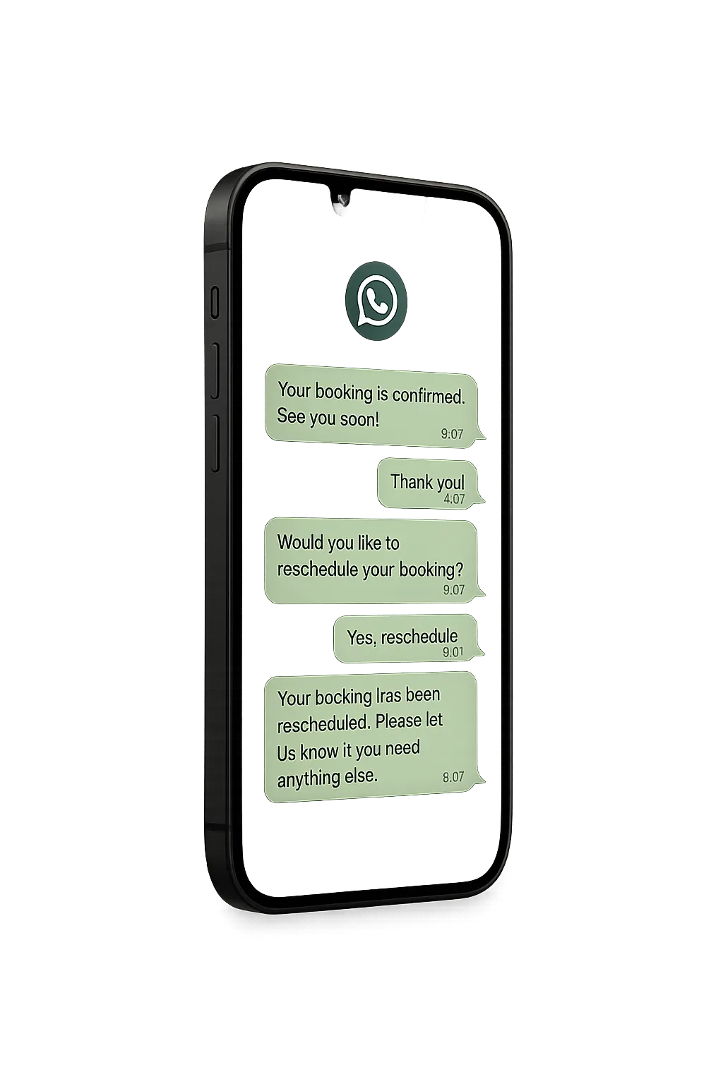 WhatsApp conversational AI mockup showing automated booking confirmation sequence